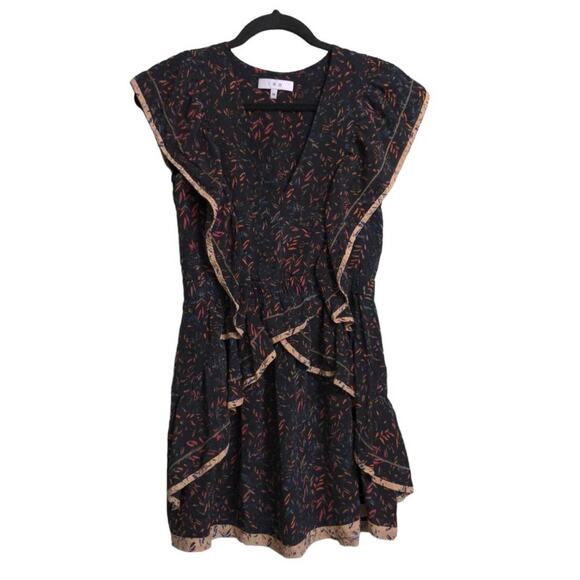 IRO Womens Jicka A Line Dress Black Abstract Mini V Neck Cap Sleeve 100% Silk 36 - Picture 1 of 9